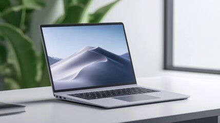 Modern laptop on a minimalist desk with soft lighting, showcasing a serene desert landscape on screen