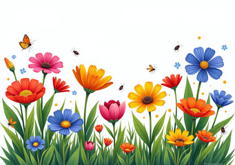 Fototapeta premium vibrant flowers bloom colorful meadow surrounded white background various insects present nearby