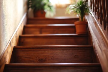 Interior stairs leading to small house with attic, showcasing warm wood finishes and greenery. Concept focuses on home design and planning for cozy living spaces