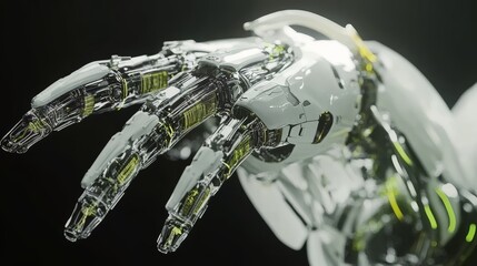 Futuristic robotic hand featuring transparent components and vibrant lighting
