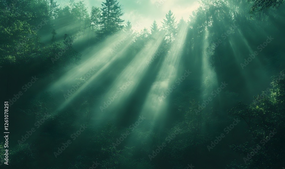 Poster sunlight filtering through the trees in a misty green forest creating a mystical scene