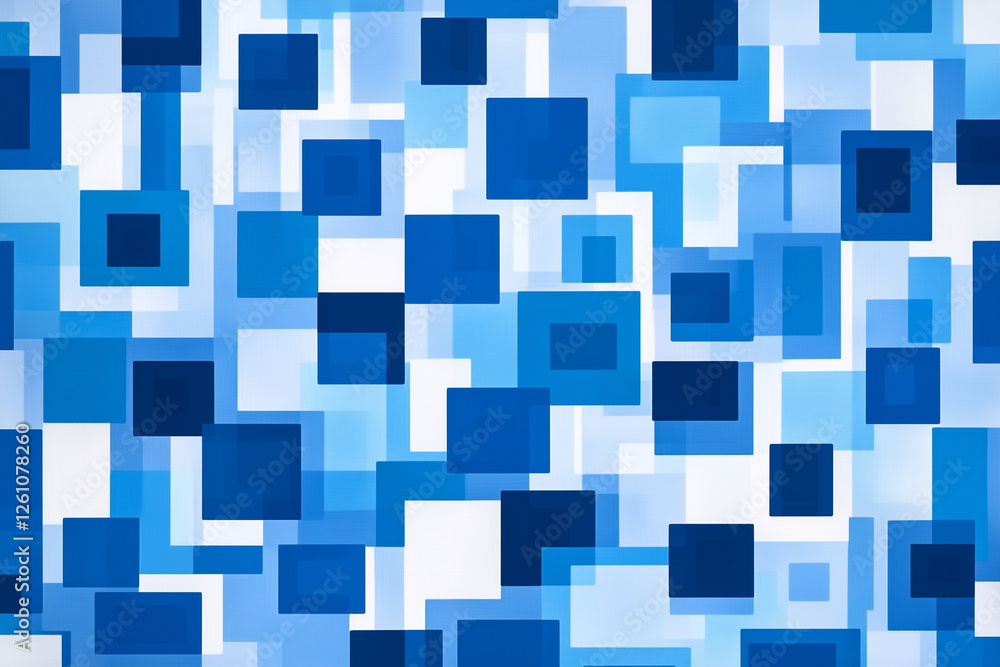 Poster blue and white patterned background with squares of different sizes. the squares are blue and white 