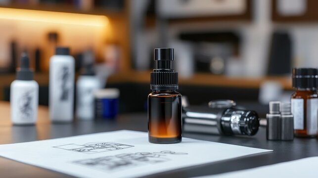 A close-up of an amber glass bottle on a workspace surrounded by various skincare product and sketches