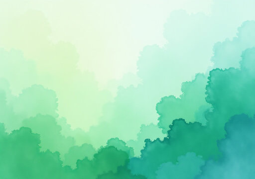 vibrant green hues adorn serene watercolor background subtle blue undertones subtly blending soft white
