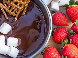 Chocolate Fondue Fiesta: Indulge in a sweet treat with a close-up view of a bubbling pot of melted chocolate, ready to be dipped with fluffy marshmallows, fresh strawberries, and crunchy pretzels.