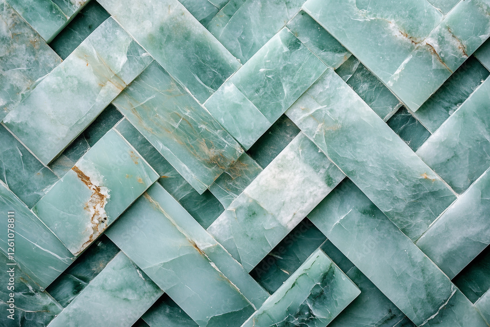 Poster green stone wall with a pattern of squares and triangles. the wall is made up of many small pieces o