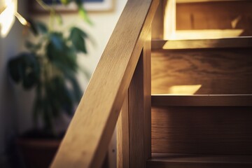 Stairs leading to small house with attic featuring warm wooden tones. Concept focuses on home design and planning for cozy living spaces