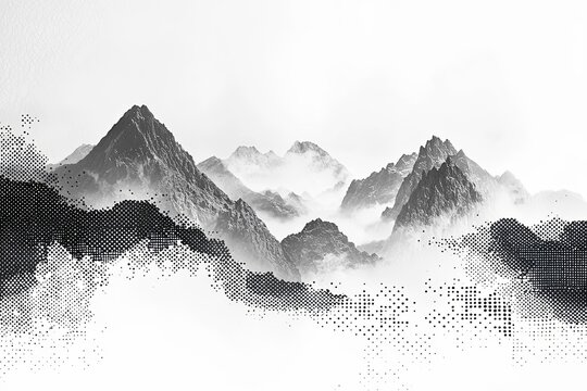 Grayscale halftone dots background with a fading dot effect, resembling a abstract mountain landscape.