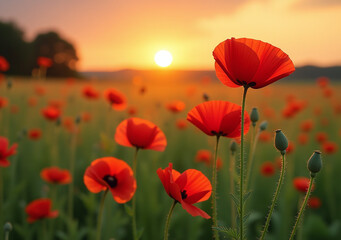 vibrant red poppies bloom warm sunset backdrop lush summer meadow filled tall green
