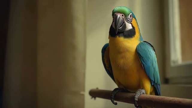 Macaw tropical bird perched indoors on a branch, showcasing its stunning plumage and personality. Parakeet animal in the wild. Parrot mccaw. Sunny day pet.