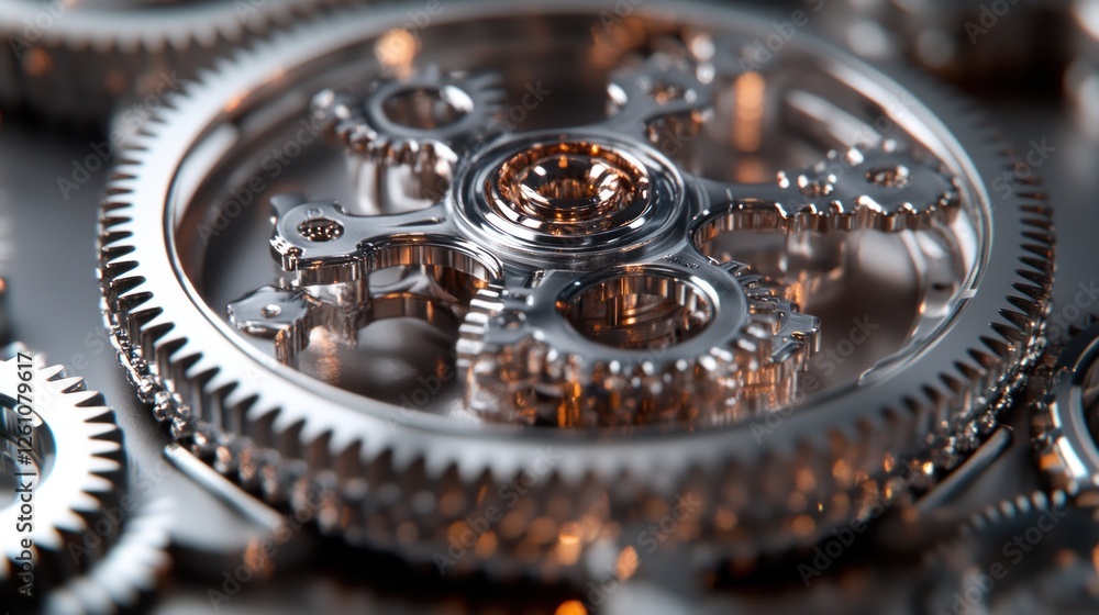 Poster intricate metal gears interlocking precisely in complex mechanism