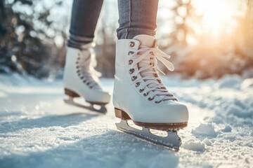 Skater glides across a frozen lake with winter sunlight shining in the background