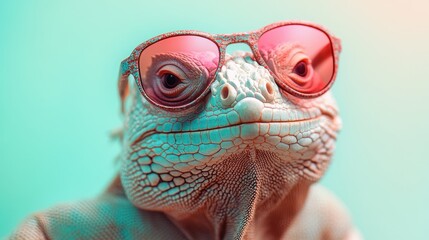 Cool iguana sporting stylish sunglasses in a vibrant pastel environment, showcasing a fun and quirky vibe