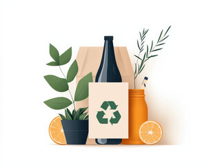 Eco friendly packaging with plants, bottle, and recycling symbol. Promotes sustainability and zero waste lifestyle. Ideal for green businesses and environmental awareness