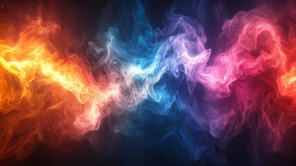 Fototapeta premium Vibrant abstract smoke waves in orange, blue, and pink, creating a dynamic and colorful backdrop for creative projects and digital designs.