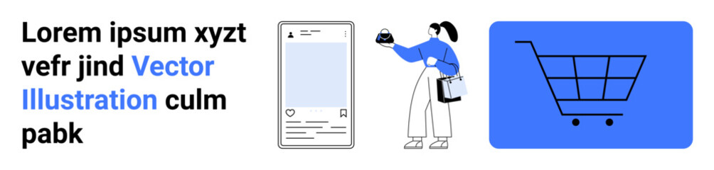 Smartphone with user interface, woman holding a package, blue shopping cart icon. Ideal for e-commerce, mobile apps, online retail, delivery services, technology, digital marketing flat landing page