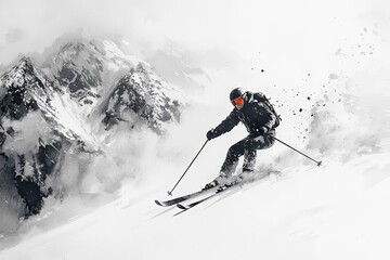 Carefree skier downhill skiing on sunny remote mountain slope..