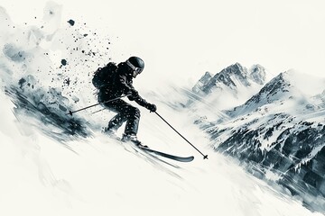 Carefree skier downhill skiing on sunny remote mountain slope..