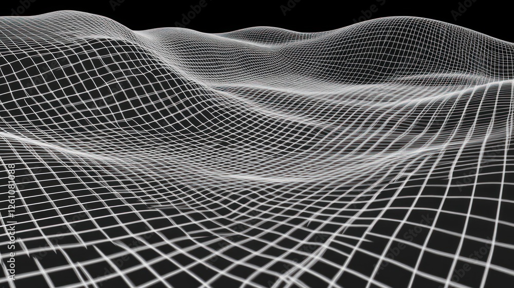 Poster abstract gridded surface undulating across dark background