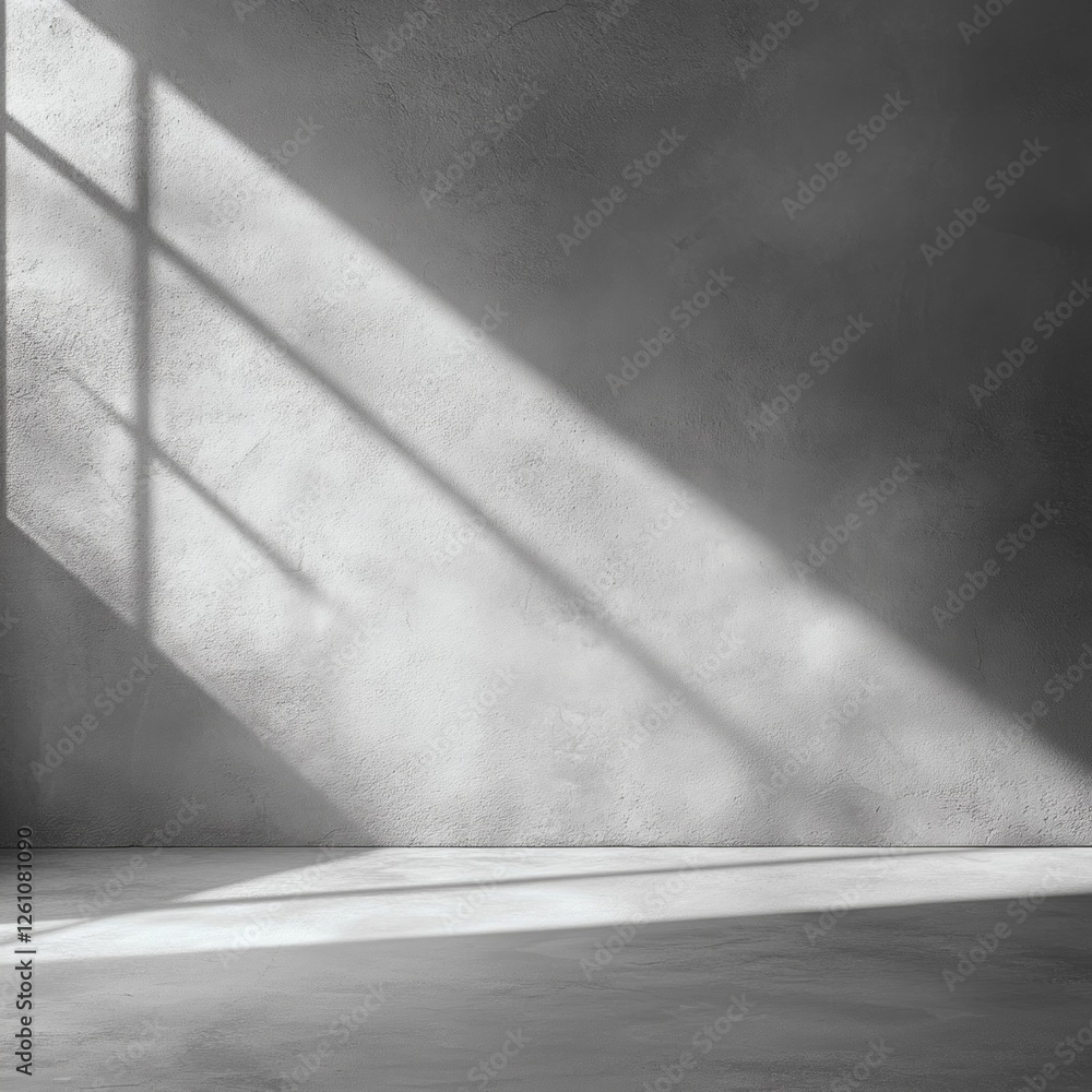 Poster morning sunlight streams through a window, casting elongated shadows across a textured gray wall and