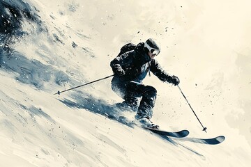Carefree skier downhill skiing on sunny remote mountain slope..