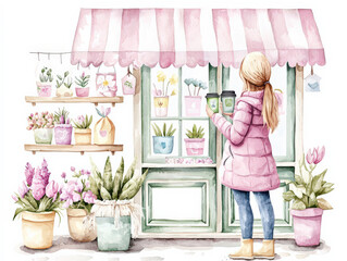 woman in pink coat stands in front of flower shop, holding coffee cups. shop features colorful plants and flowers in pots, creating cheerful atmosphere