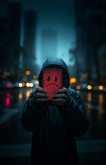 Young person holding a mobile phone showing a depressed sad emoji icon, depressing dark weather