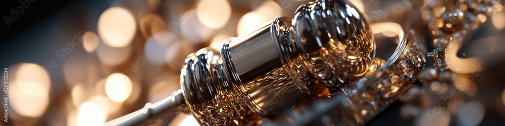 Poster close-up of ornate metallic gavel and base with bokeh background