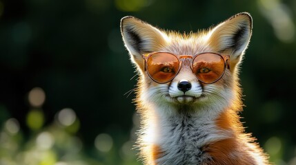 Fototapeta premium Curious fox wearing stylish sunglasses poses in a sunlit meadow surrounded by vibrant greenery during a warm afternoon