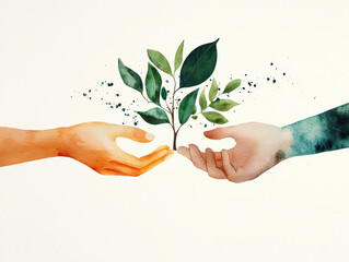 poetic watercolor of hands exchanging small plant, symbolizing eco friendliness and connection. vibrant colors evoke sense of harmony and nature beauty