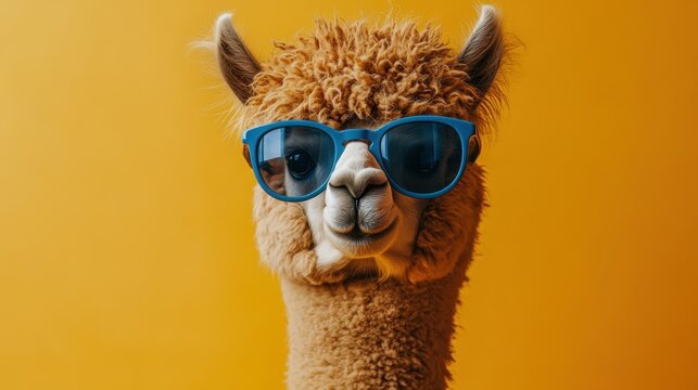 Cool alpaca sporting sunglasses against a vibrant yellow backdrop radiates charm and playfulness at a quirky pet event