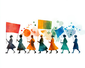 vibrant watercolor illustration of suffragettes marching with colorful flags, symbolizing unity and empowerment in fight for women rights