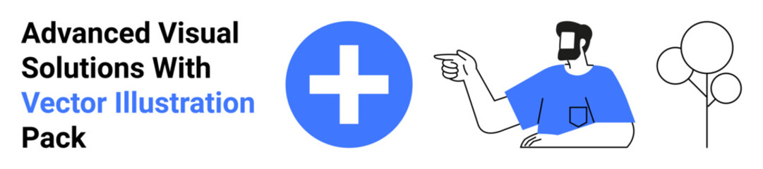 Bearded man in casual attire pointing at a prominent blue plus sign, accompanied by minimal tree art. Ideal for innovation, creativity, design, teamwork, solutions, strategy, flat landing page banner