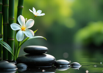 white flowers sit black bamboo beside spa stones serene landscape
