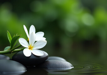 white flowers sit black bamboo beside spa stones serene landscape