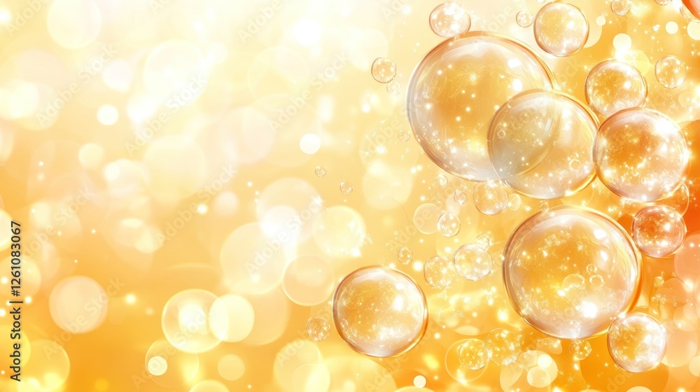 Poster golden bubbles float in a sparkling amber background