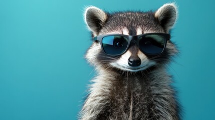 Cool raccoon sporting stylish sunglasses poses against a vibrant blue background in a lighthearted and playful moment