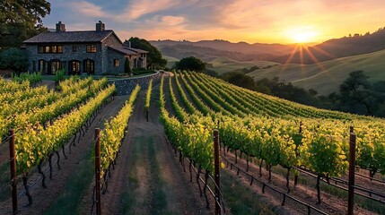 Sunset vineyard house, rolling hills, California landscape, idyllic wine country scene