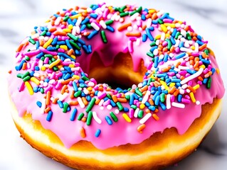 Pink Sprinkle Donut: A mouthwatering pink frosted donut adorned with colorful sprinkles, a classic sweet treat that tantalizes the taste buds and evokes feelings of pure indulgence. 