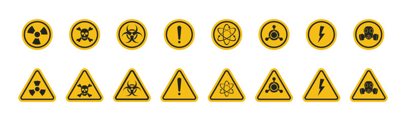 Obraz premium Triangular Warning Hazard Signs Set. Toxic sign, Radiation and Caution Danger Symbol Vector