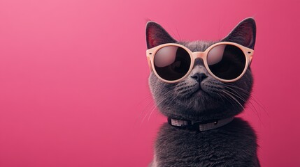 Cool gray cat sporting stylish sunglasses against a vibrant pink backdrop with an air of confidence