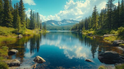 Fototapeta premium Alpine Lake Serenity: Reflections of Mountains and Forests in Still Water Beneath a Cloudy Sky, a Tranquil Scene of Nature's Beauty and Untouched Wilderness.