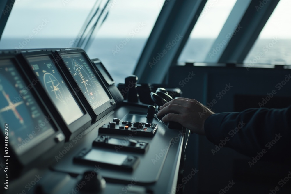 Poster cinematic shot of cruise ship helm and navigation instruments with captain hand in soft focus on con