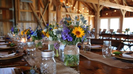 A rustic wedding table setting with mason jars filled with wildflowers