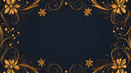 Dark navy blue background with golden swirling floral patterns and symmetrical star motifs for Eid decor