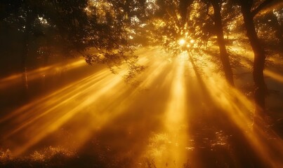 Golden Sunlight Filtering Through Misty Forest Trees Creating a Serene Atmosphere