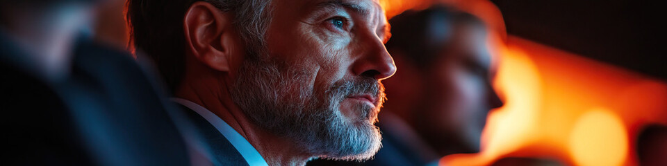 Naklejka premium Profile of Bearded Man in Dark Suit with Out-of-Focus Background