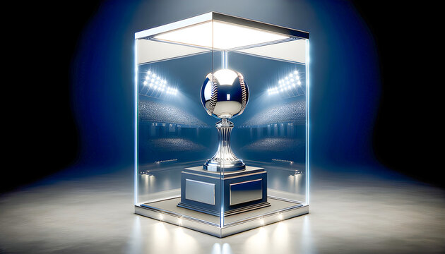 a sleek chrome baseball trophy sits proudly in a glass, backlit display case, its reflective surface shining brightly, capturing the essence of achievement and victory
