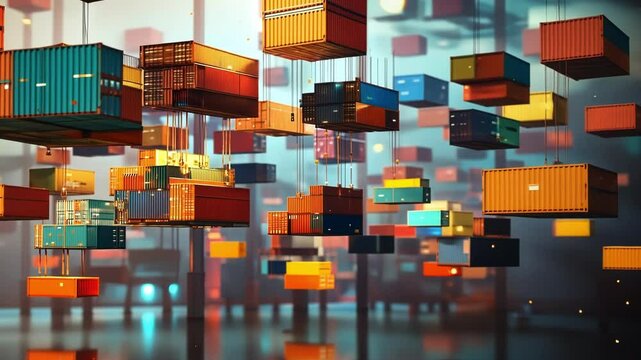 Floating icons of trade goods hover in the air each obstructed by colorful holographic shields highlighting the complexity of international trade disputes.