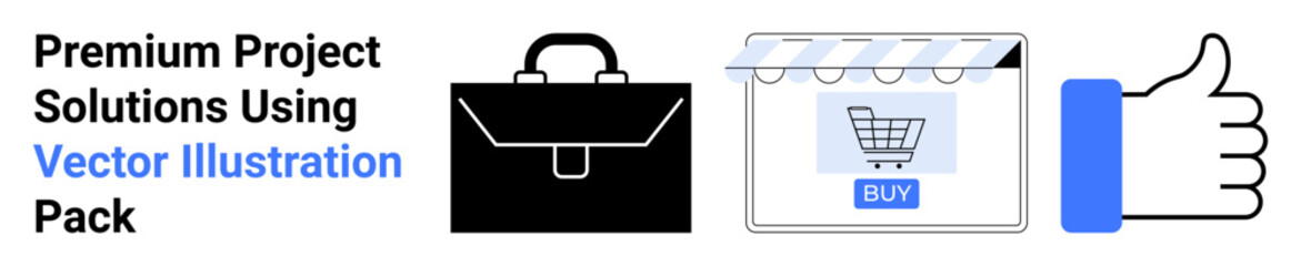 Briefcase symbolizing business, a storefront with a shopping cart to represent e-commerce, and a thumbs-up icon denoting approval. Ideal for business, commerce, marketing, feedback, positivity